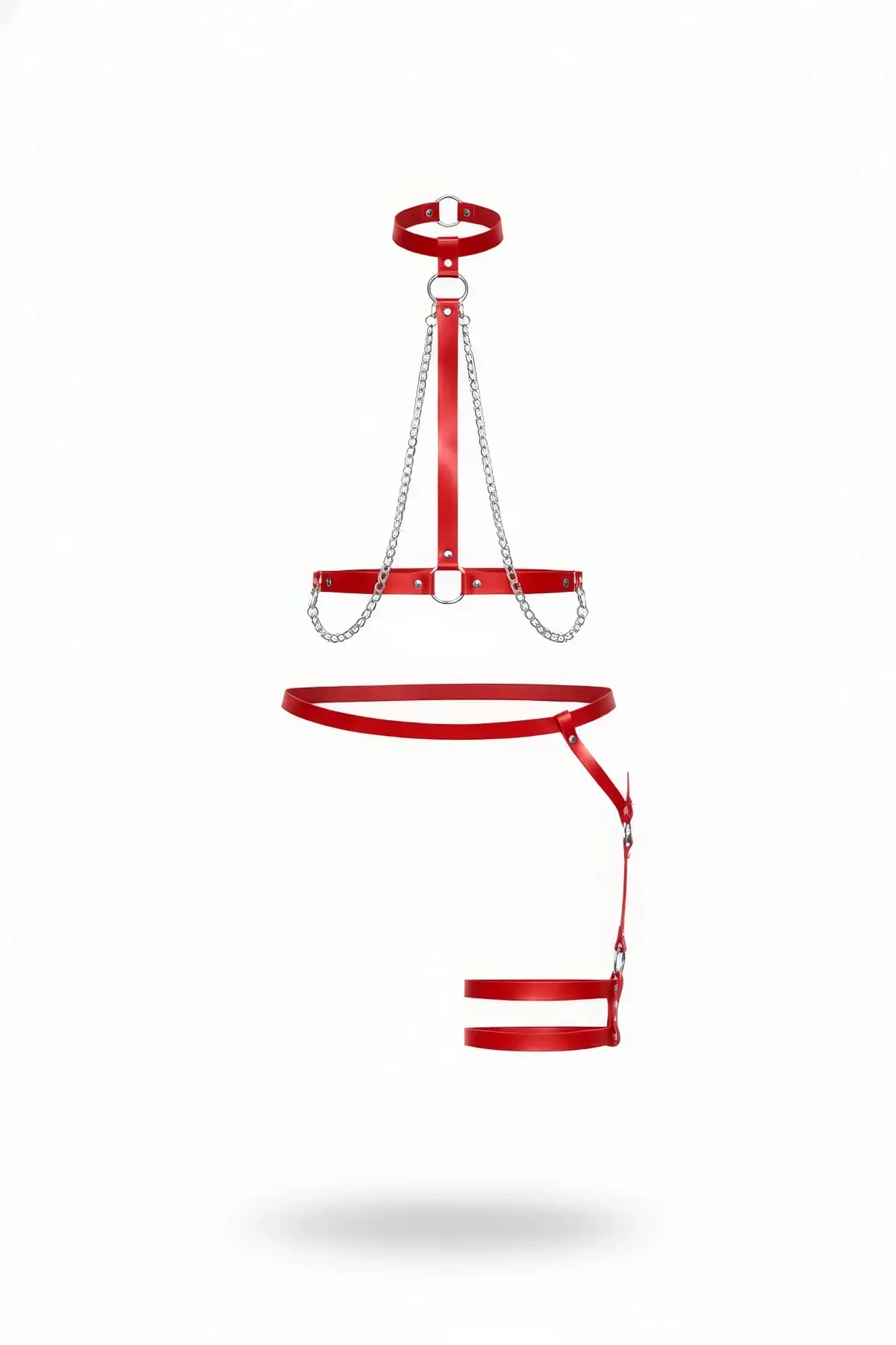 Red Harness Suit Faux Leather Body Accessory with Chain Detail - APFT713