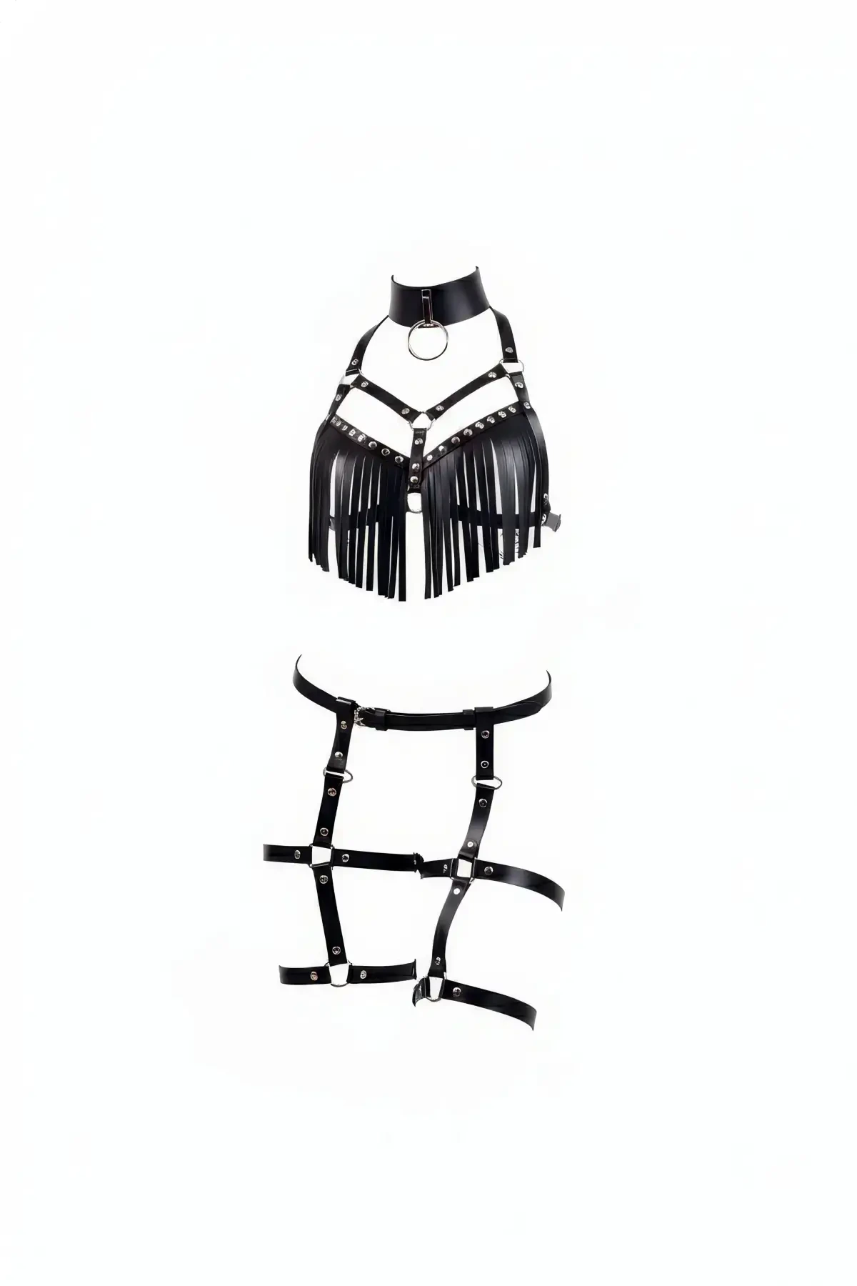 Black Harness Suit with Tassels and Staple Detail - APFT715