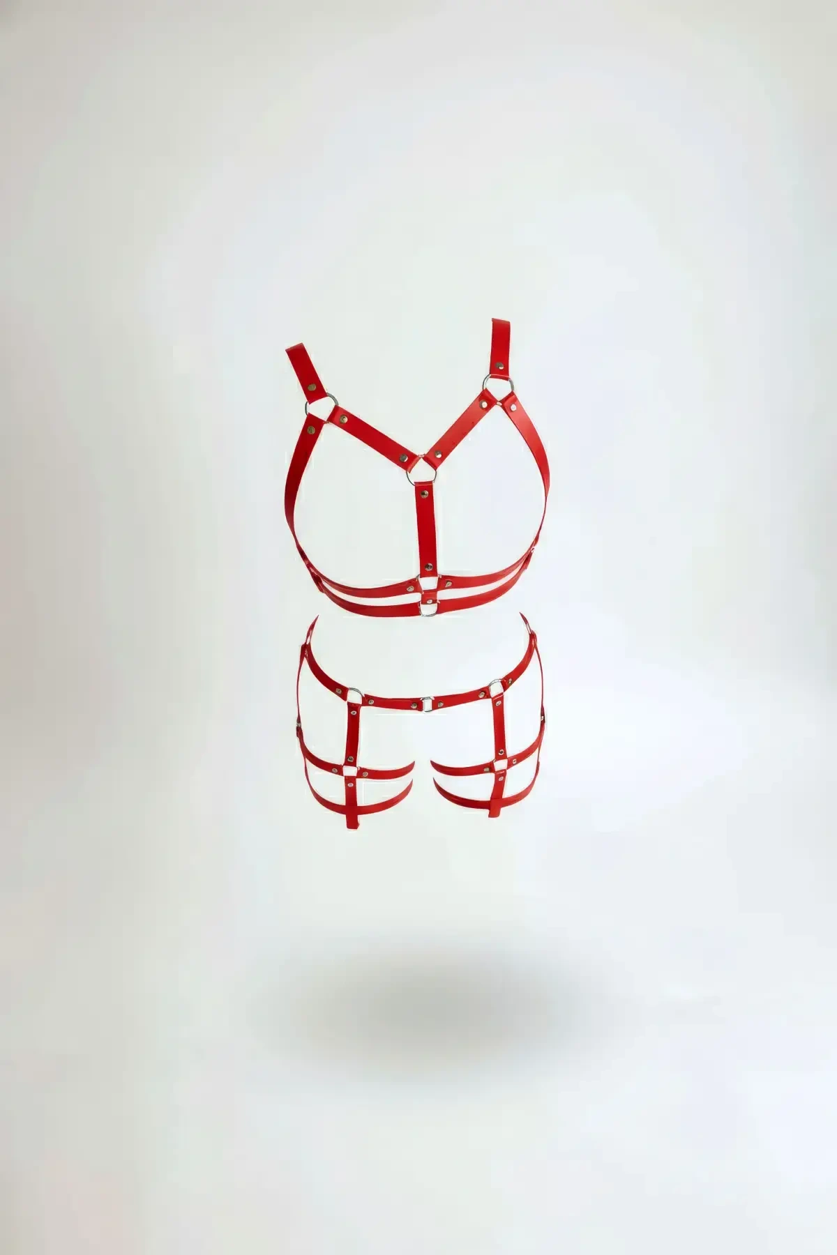 Red Harness Set Faux Leather Metal Ring Detailed Body Accessory - APFT719