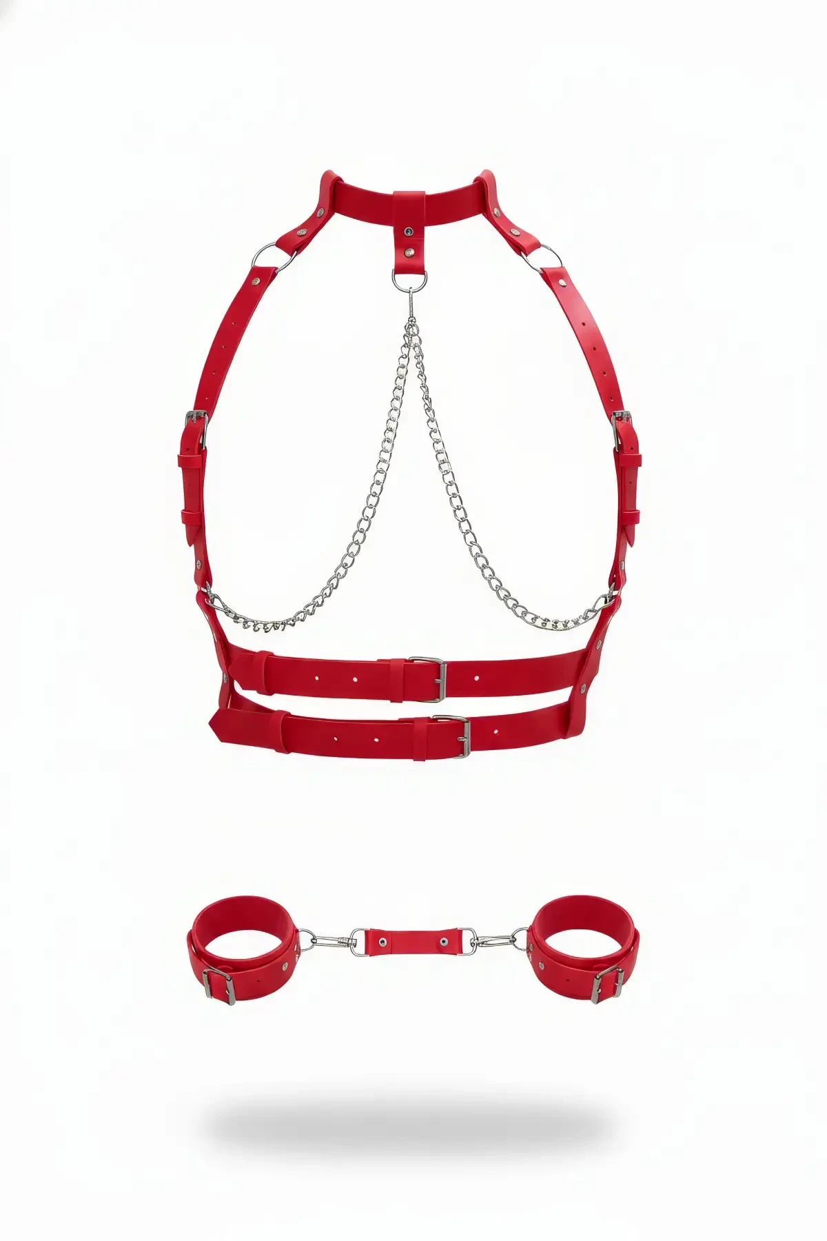 Red Harness Suit Chain Detailed Leather Body Set - APFT720