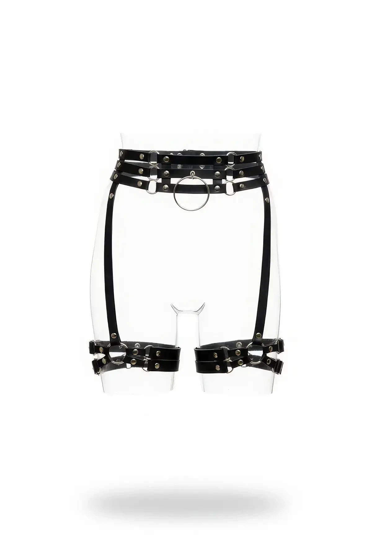 Black Garter Harness Leather Look Studded Ring Detail - APFT746