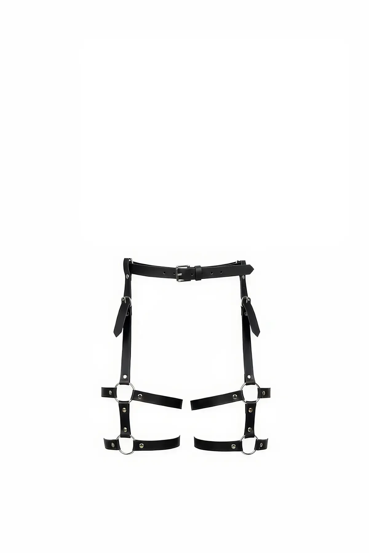 Black Garter Harness with Leather Buckle and Metal Ring Detail - APFT758