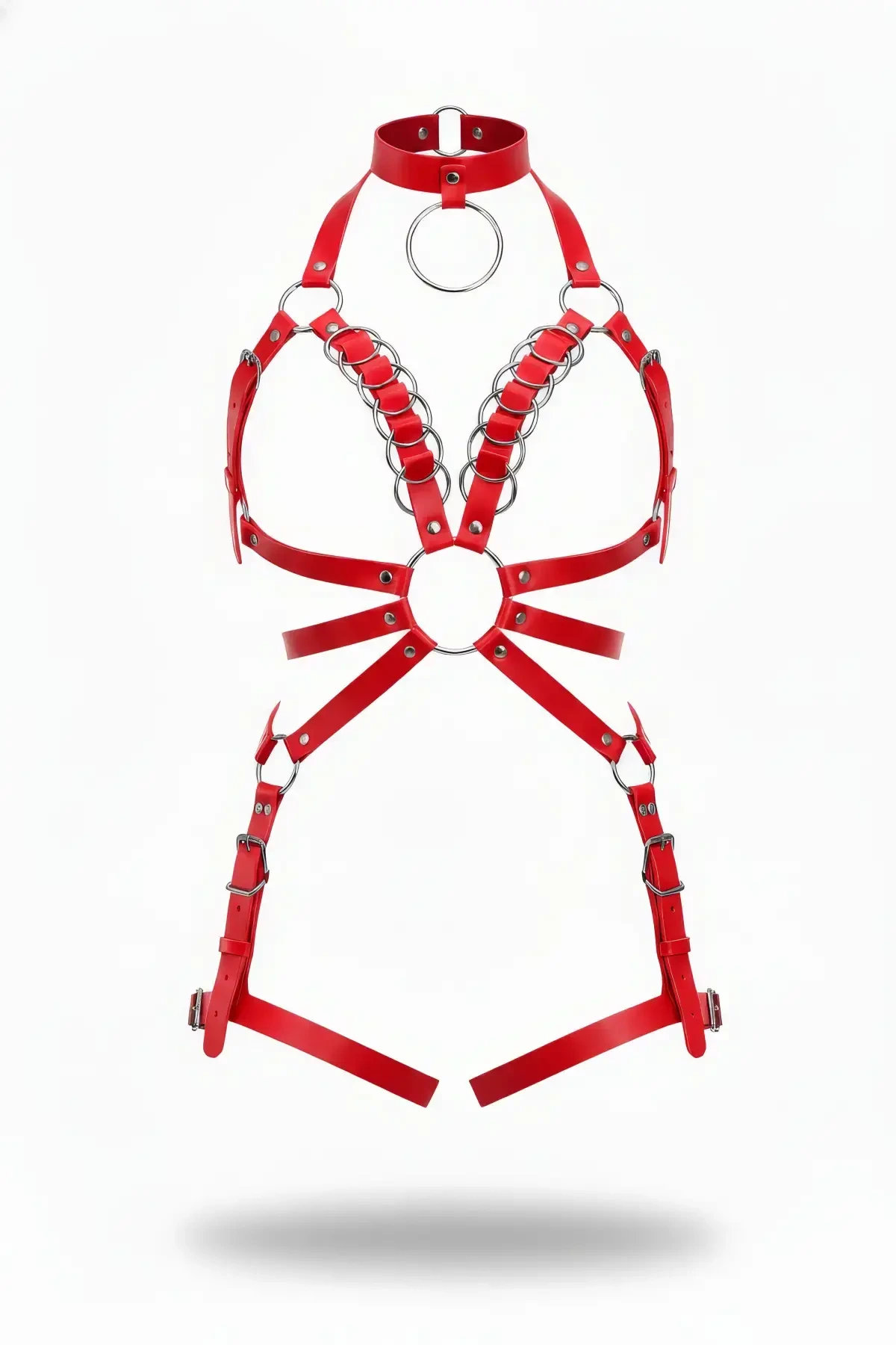 Red Harness Suit with Leather Metal Ring Detailed Neck Collar - APFT781