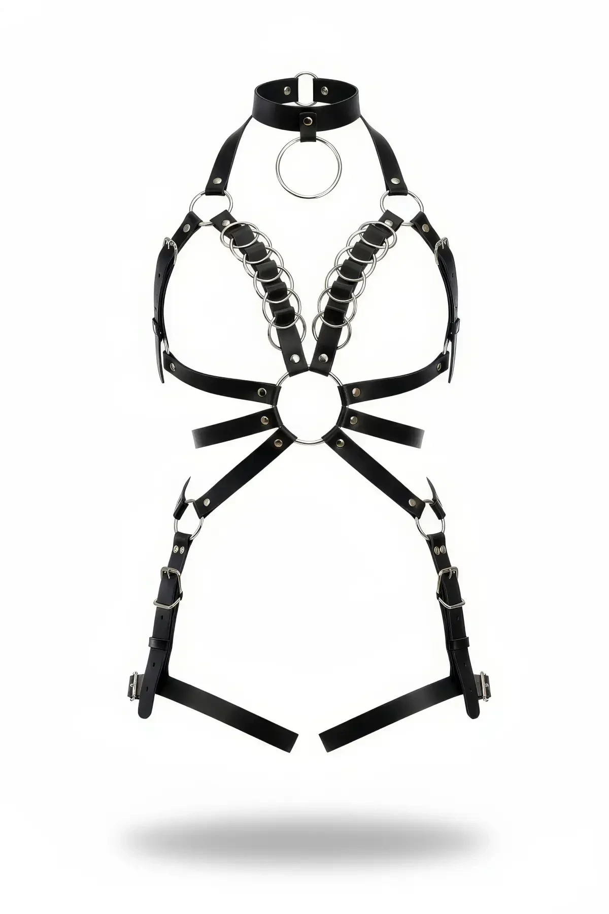 Black Harness Suit with Leather Metal Ring Detailed Neck Collar - APFT781