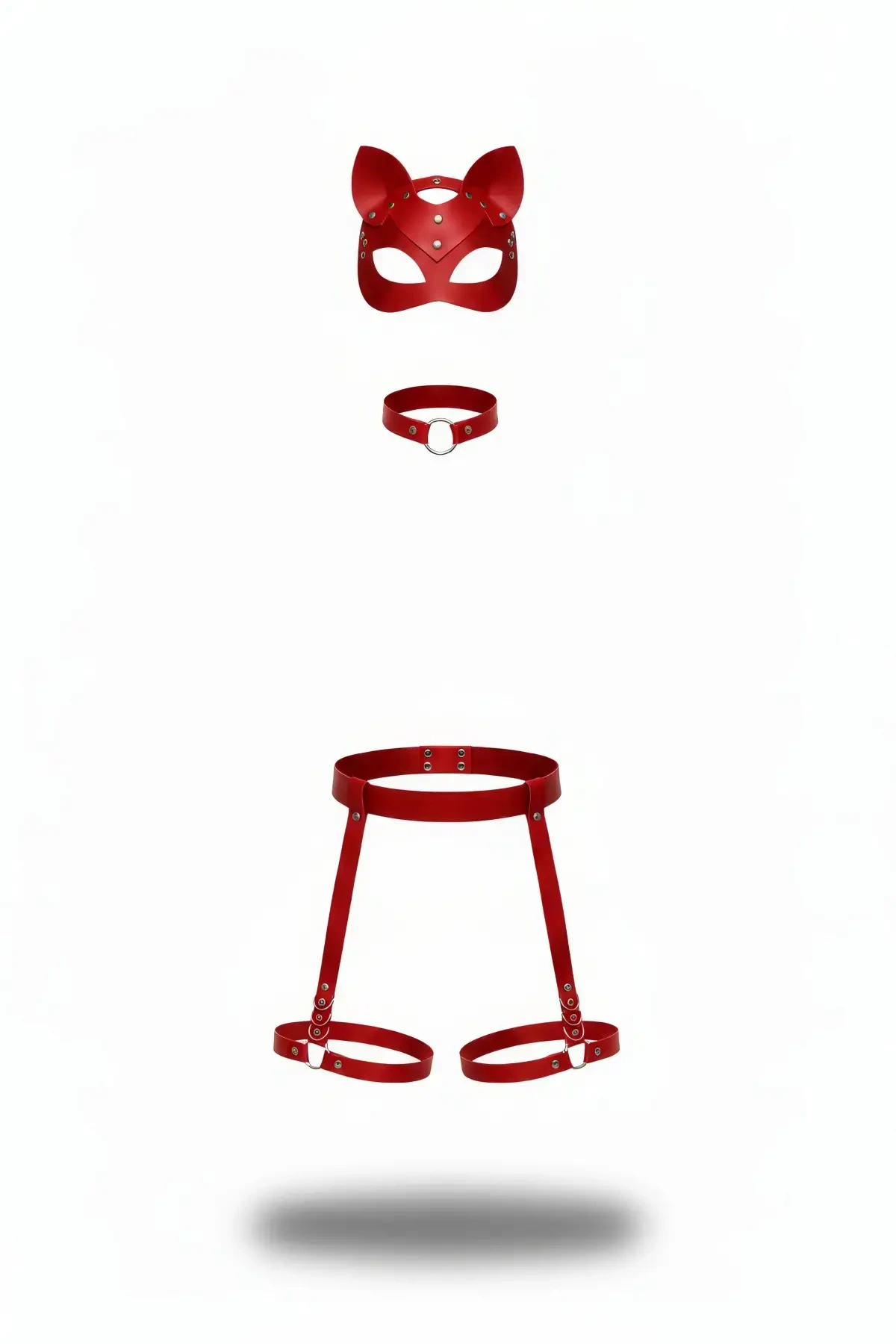 Red Harness Set Leather Neck Collar Leg Set with O-Ring - APFT783