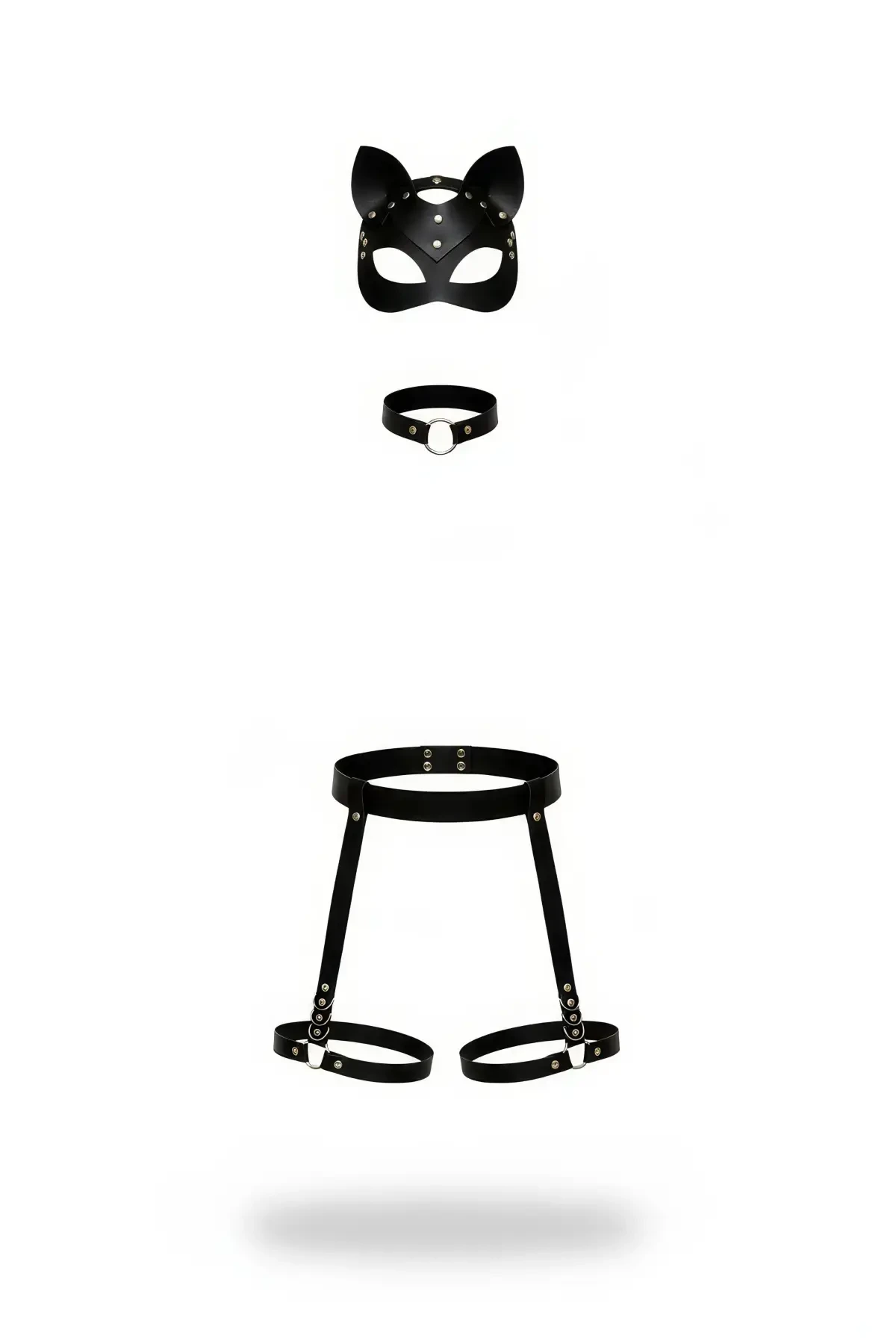 Black Harness Suit with Cat Mask and Faux Leather Studded - APFT783