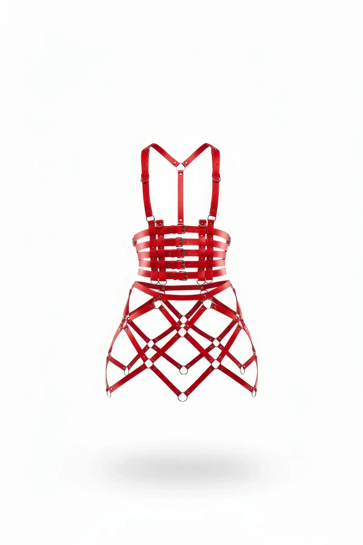 Red Skirt Leather Bustier Top with Hoop Detail - APFT785