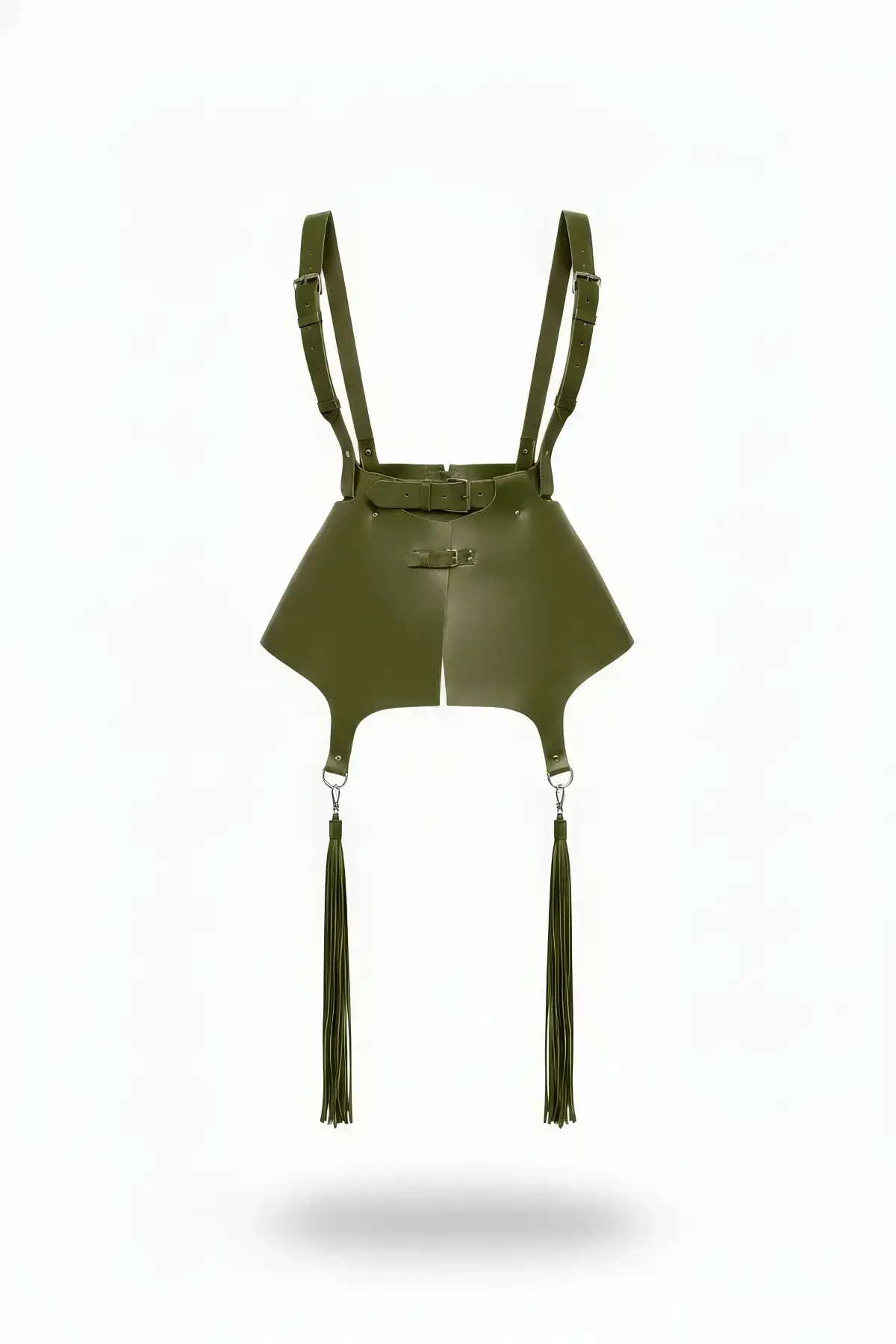 Khaki Skirt Leather Shoulder Detailed Skirt with Tassels - APFT787