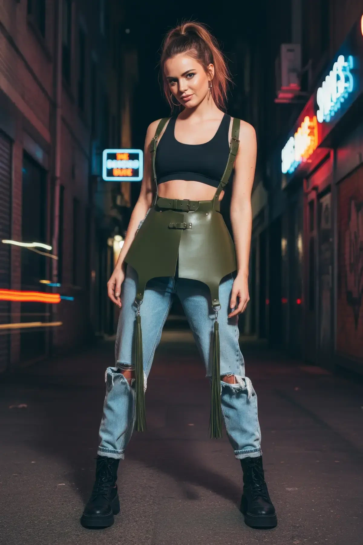 Haki Kadın Kemer Püskül Detaylı Geniş Korse Kemer - APFT787