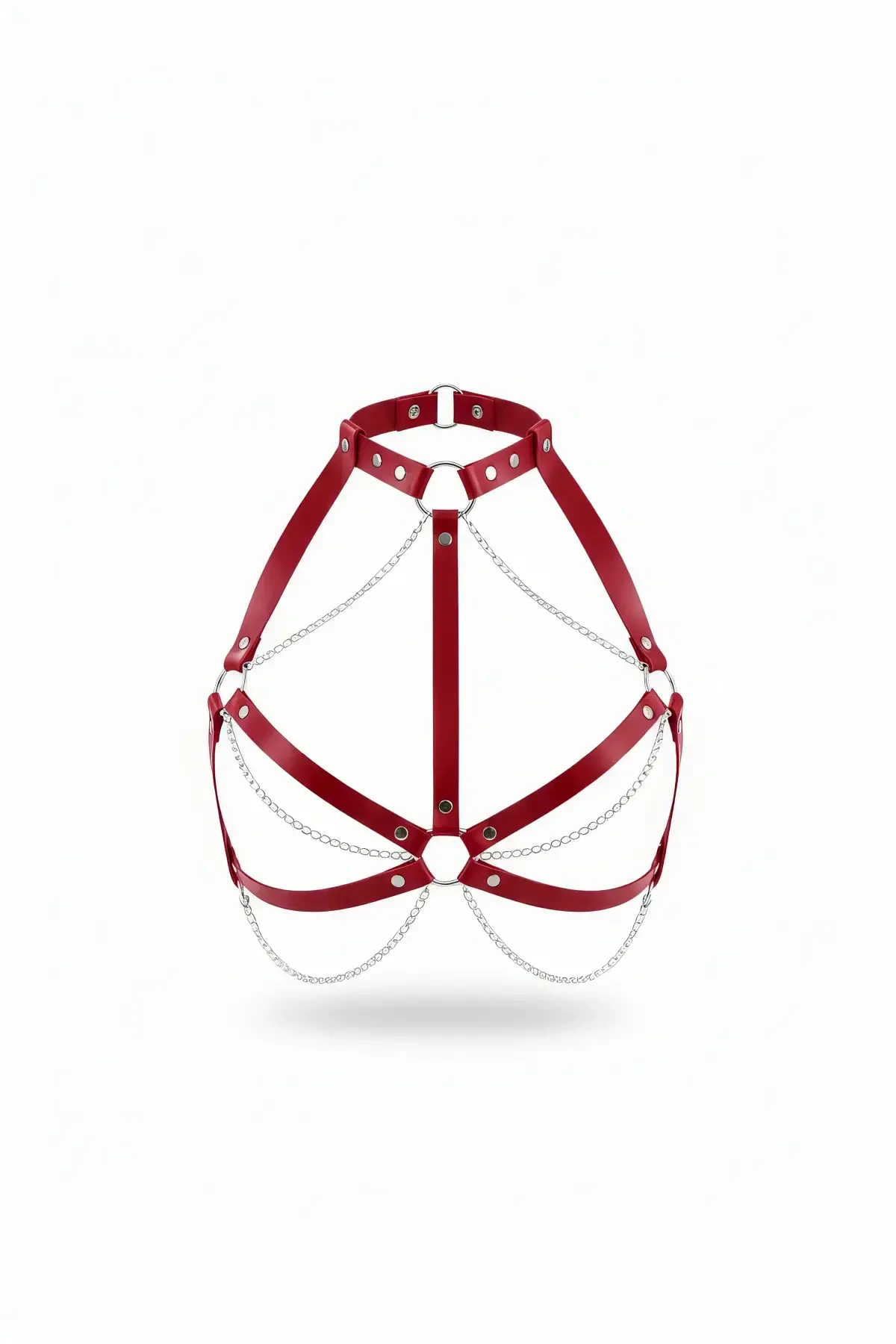 Red Chest Harness Adjustable Body Accessory with Leather Chain Detail - APFT796