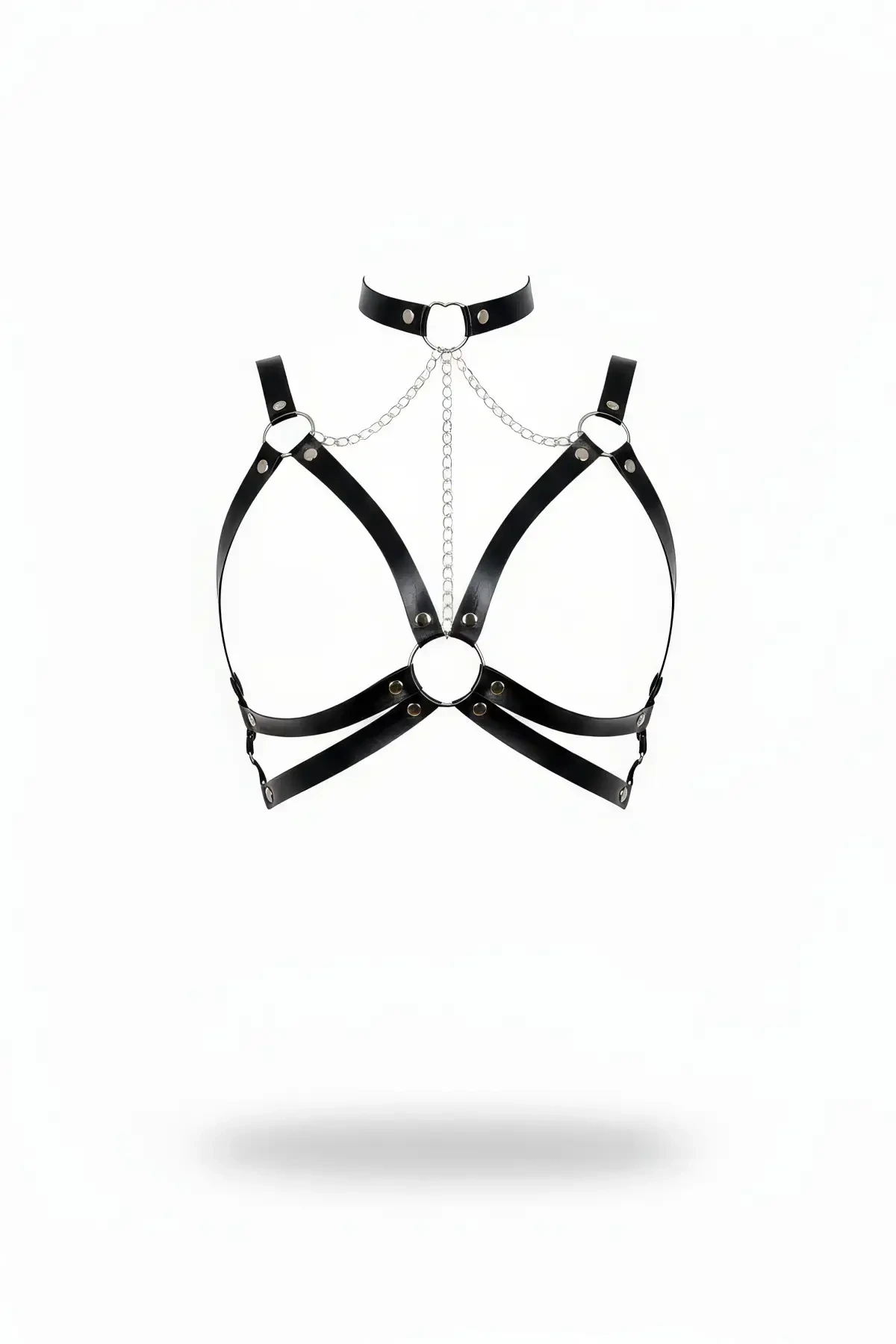 Black Chest Harness Leather Choker with Chain Detail - APFT797