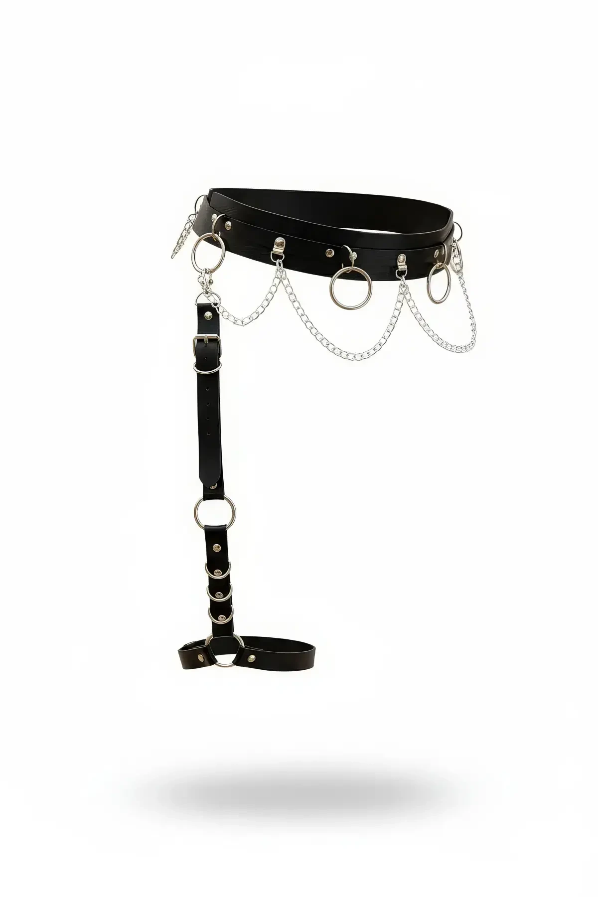 Black Garter Harness Chain Detailed Leather Leg Accessory - APFT807