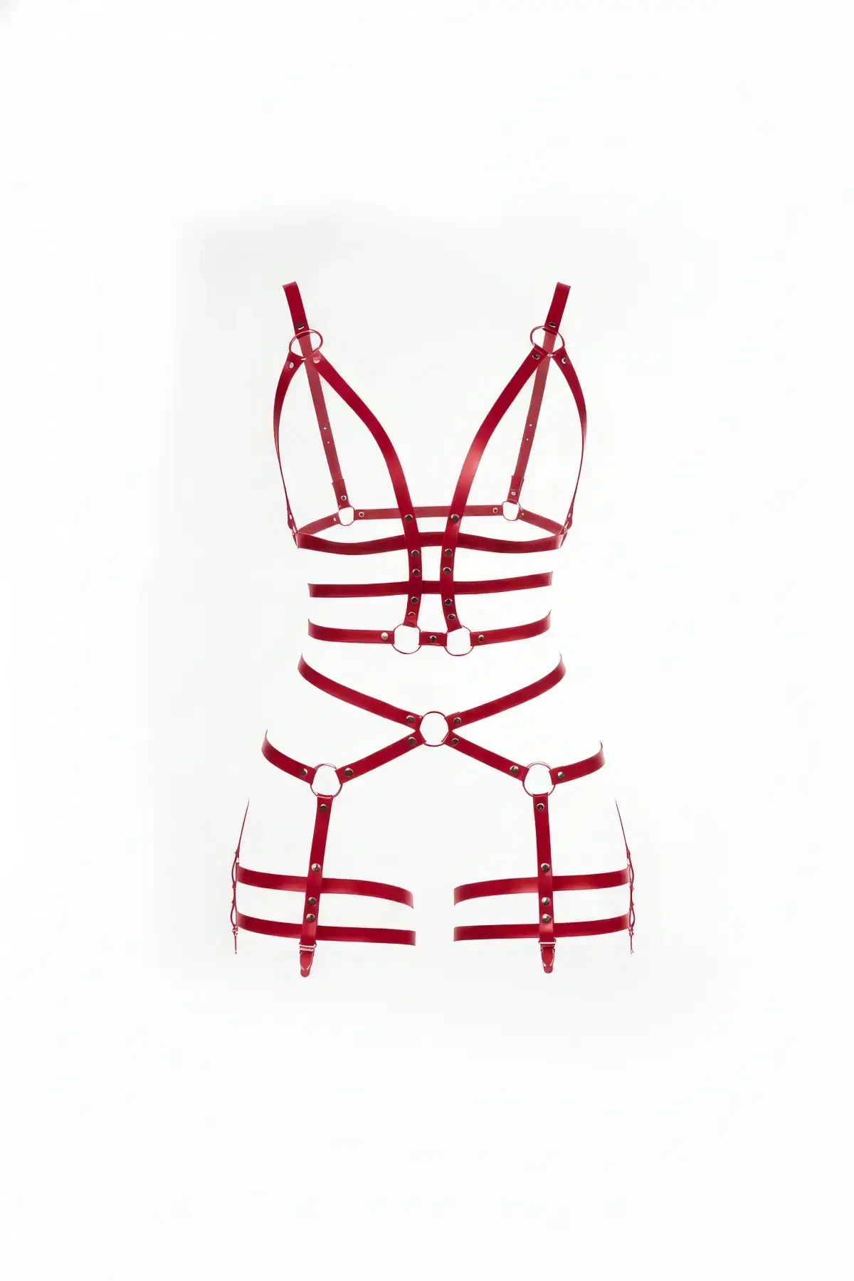 Red Body Harness Faux Leather Full Body Ring Detail - APFT820