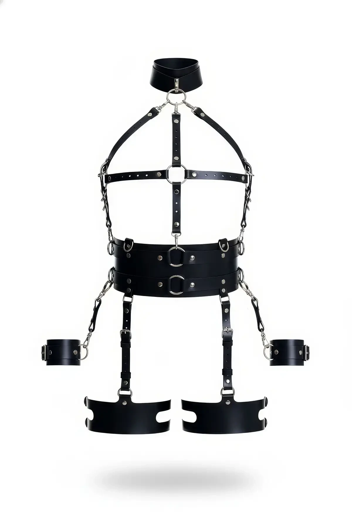Black Harness Suit with Thick Leather Neck Collar and Garter - APFT842