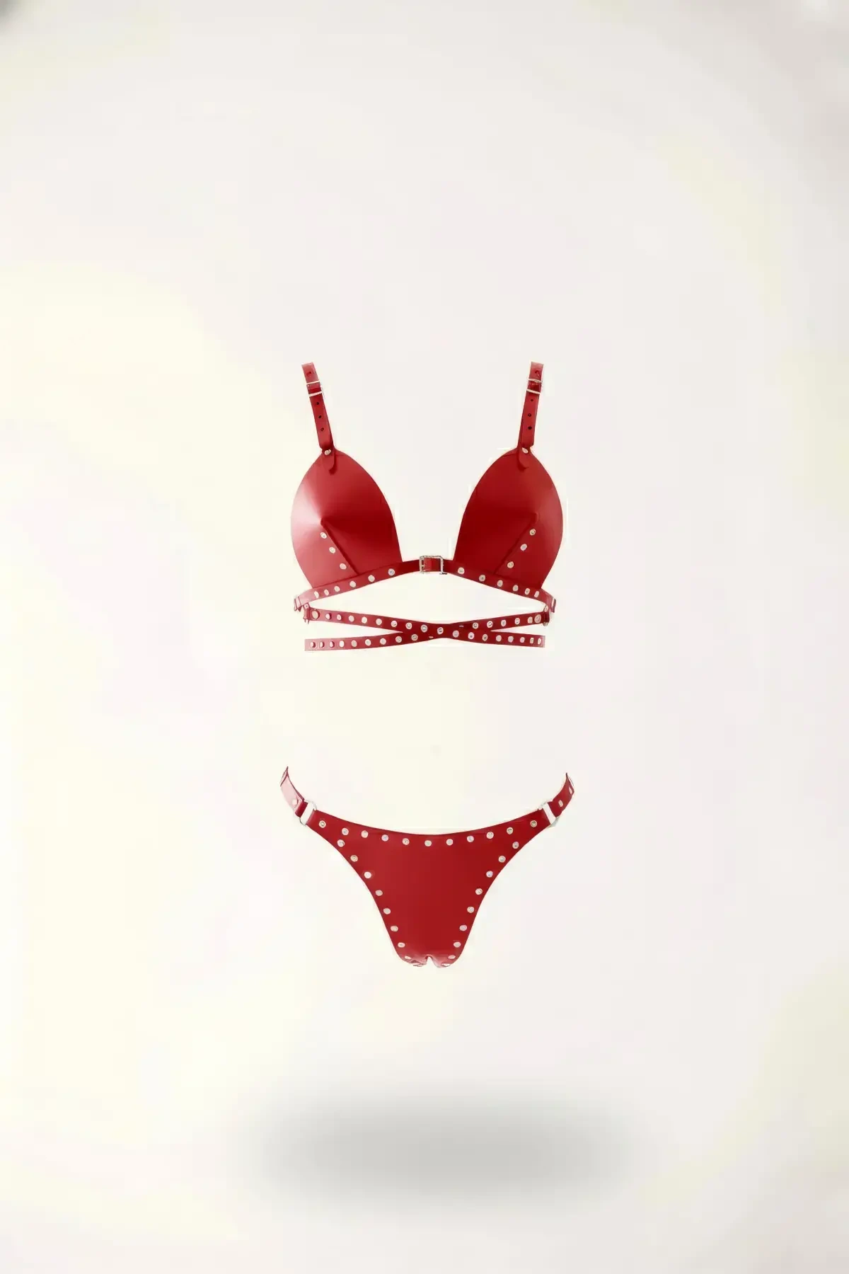 Red Harness Set Studded Faux Leather Bralette - APFT849