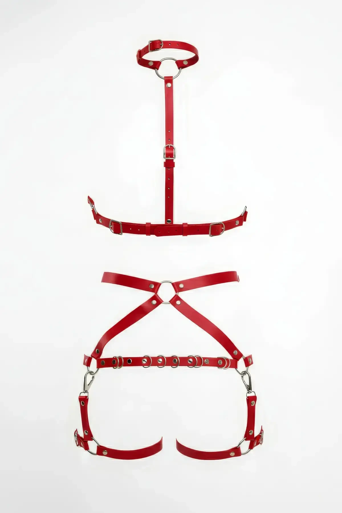 Red Harness Set Adjustable Body Accessory with Leather O Ring Detail - APFT874