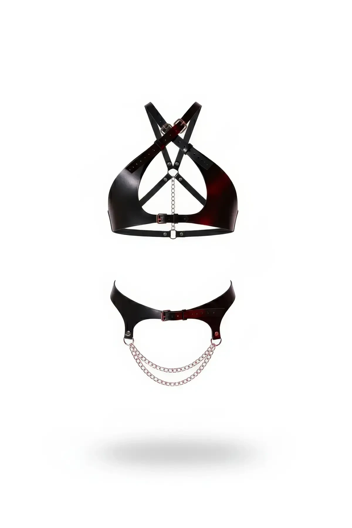 Two Piece Black Harness Suit with Shiny Leather Chain Detail - APFT885