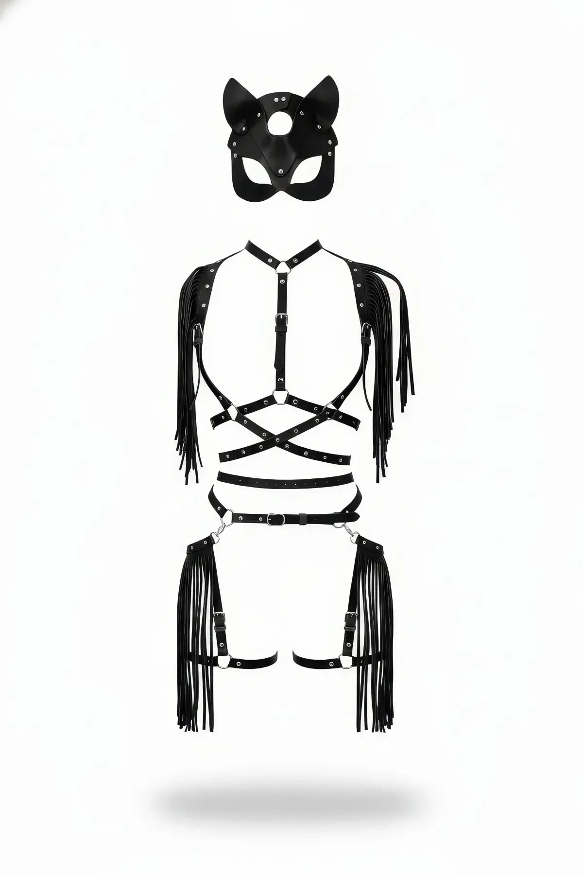 Black Skirt Leather Tassel Buckle Body Accessory Set - APFT892