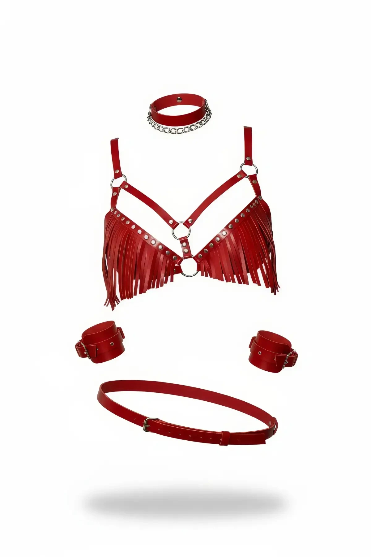 Red Harness Set Metal Ring with Tassel Detail - APFT896
