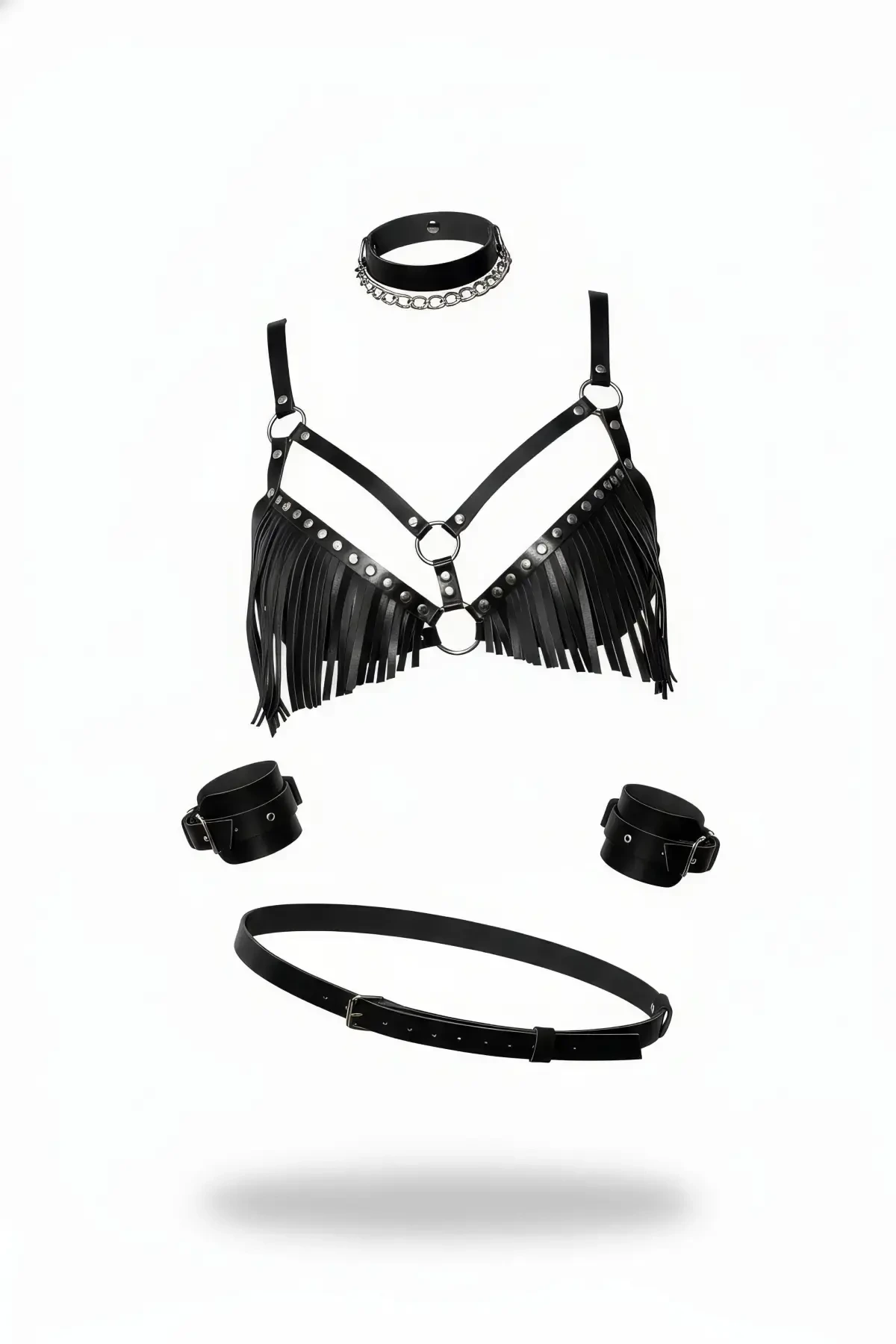 Black Harness Suit with Tassels and Studded Ring Detail - APFT896