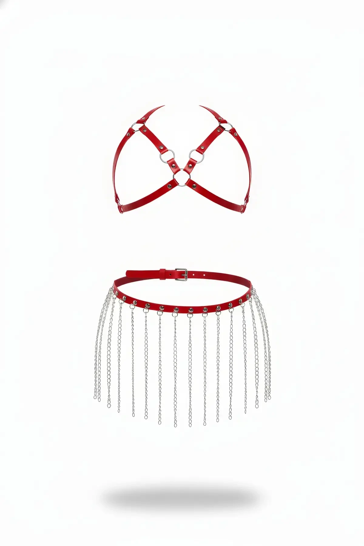 Red Skirt Chain Detailed Skirt Faux Leather Skirt Short Skirt - APFT931