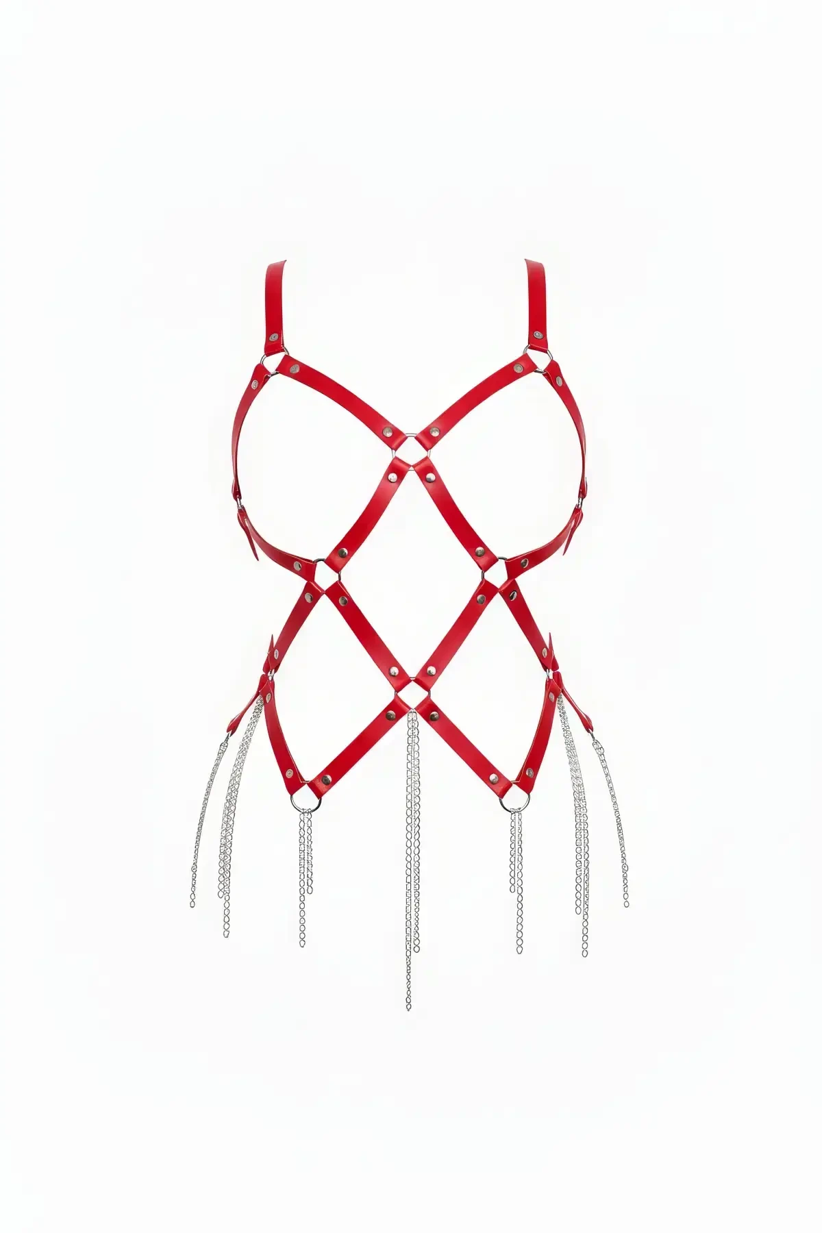 Red Body Harness Faux Leather Chain Tassel Detailed - APFT950