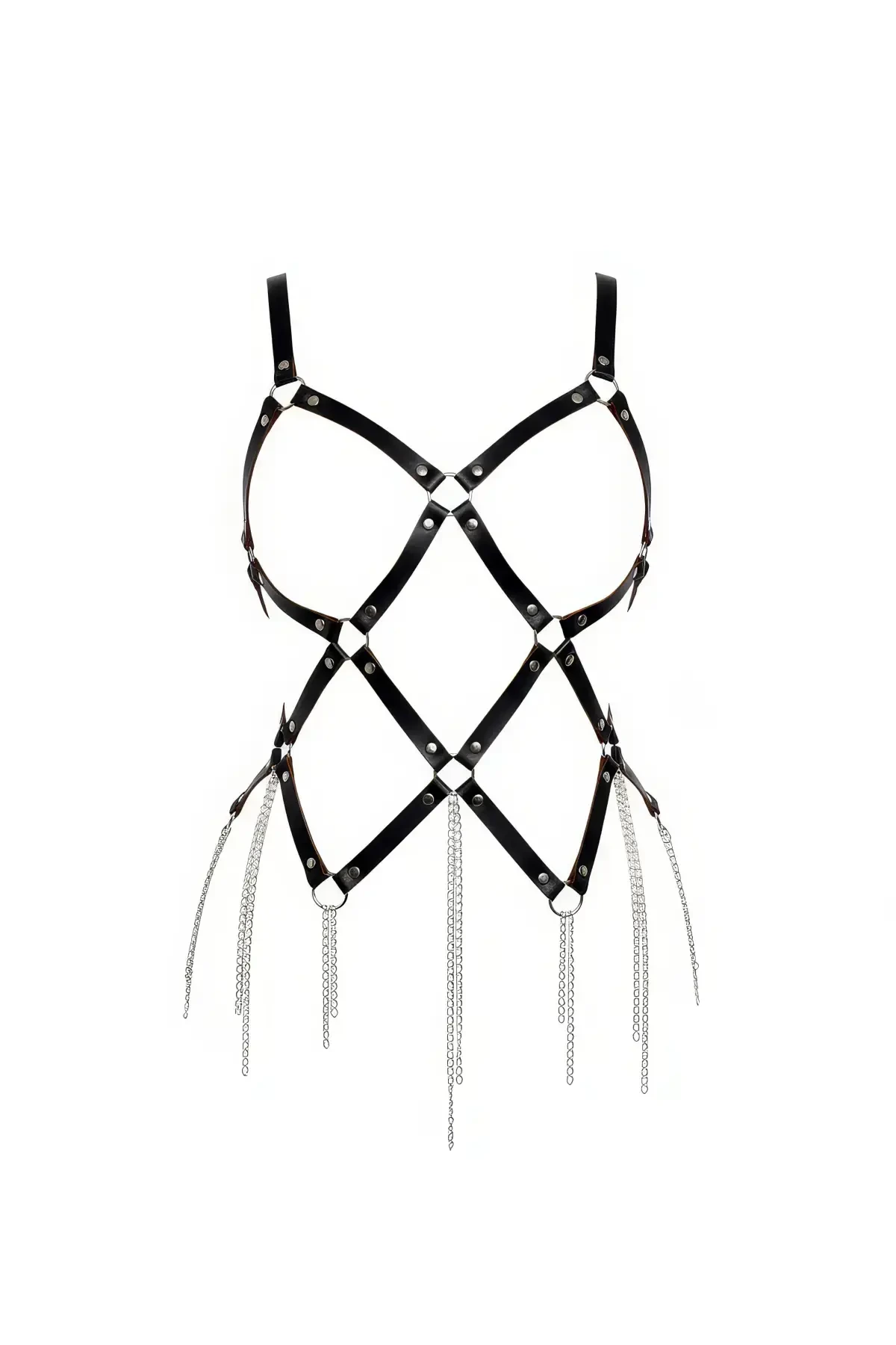 Black Body Harness Chain Detailed Leather Body Accessory - APFT950