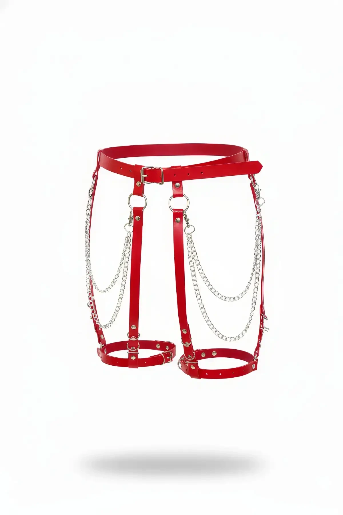 Red Garter Harness with Chain Detail and Faux Leather Buckle - APFT958