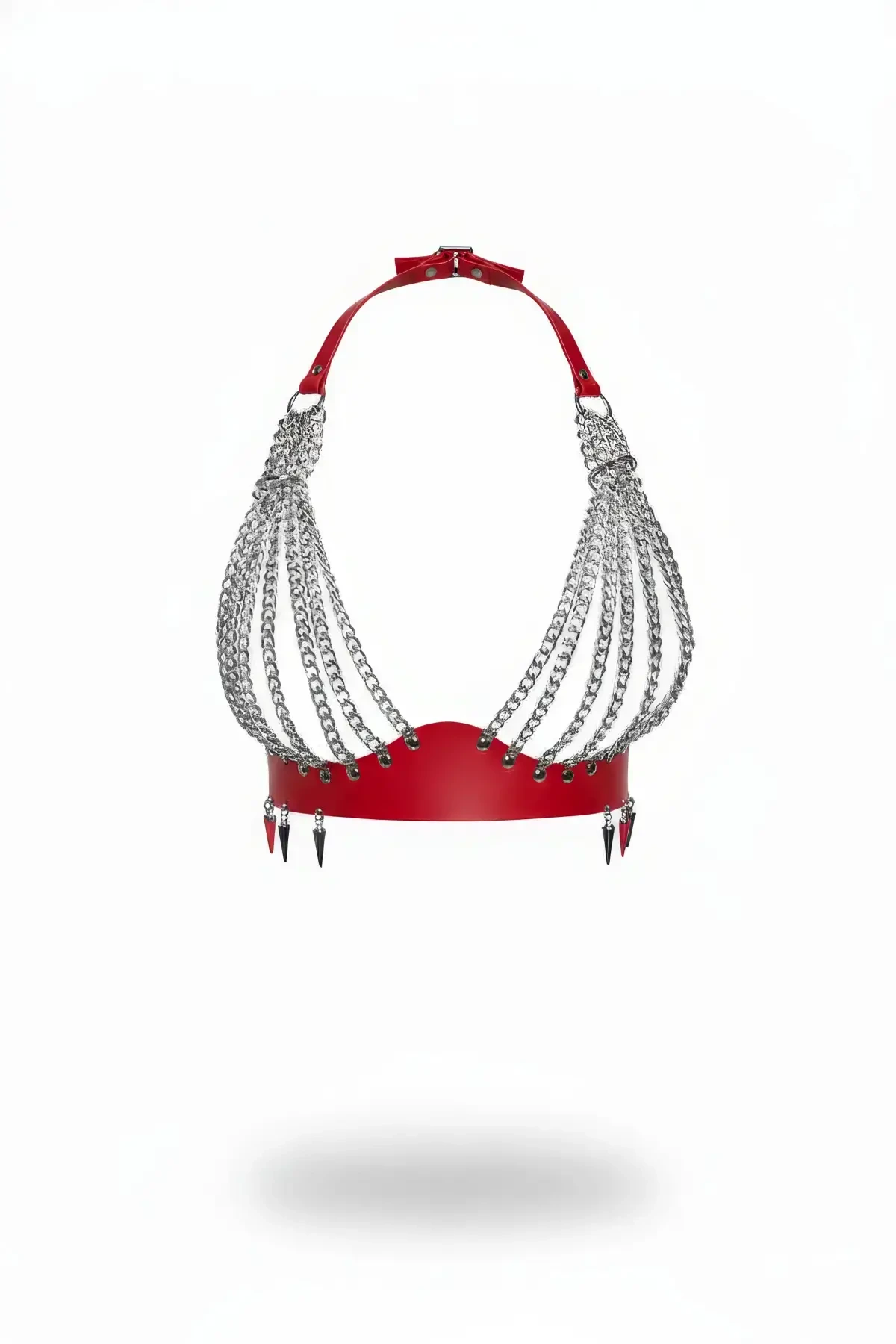 Red Chest Harness Chain Detailed Faux Leather Bralette - APFT964