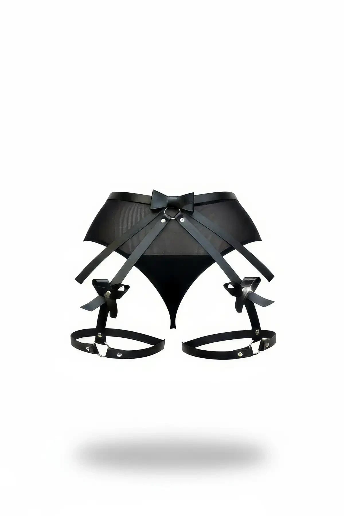 Black Thong - Panties with Tulle Detail, High Waist Garter - APFT968