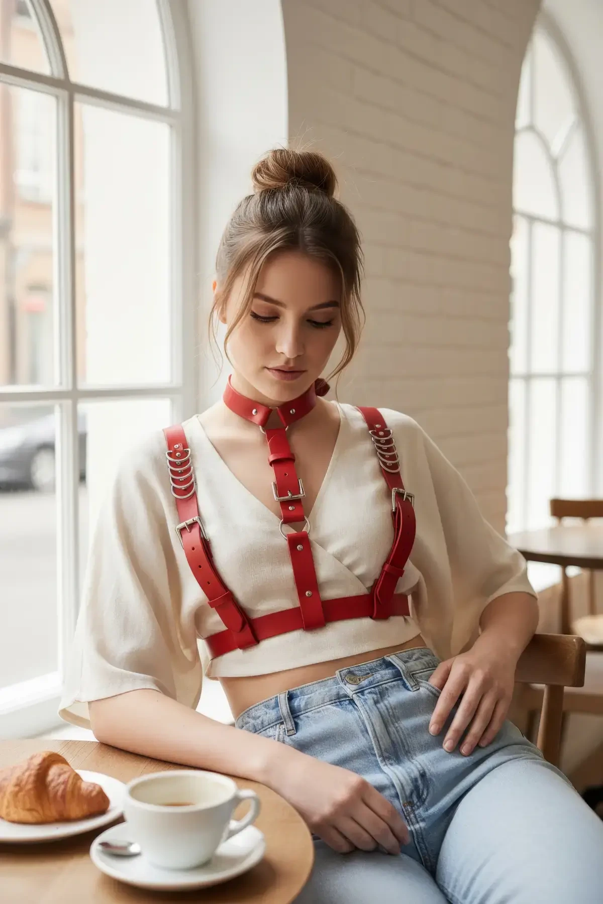 Kırmızı Kadın Kemer Yaka Detaylı Çoklu Bantlı Aksesuar - APFT969