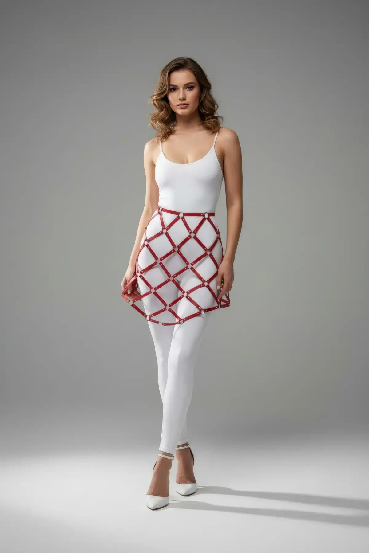 Red Skirt Faux Leather Skirt Lattice Patterned Mini Skirt - APFT982