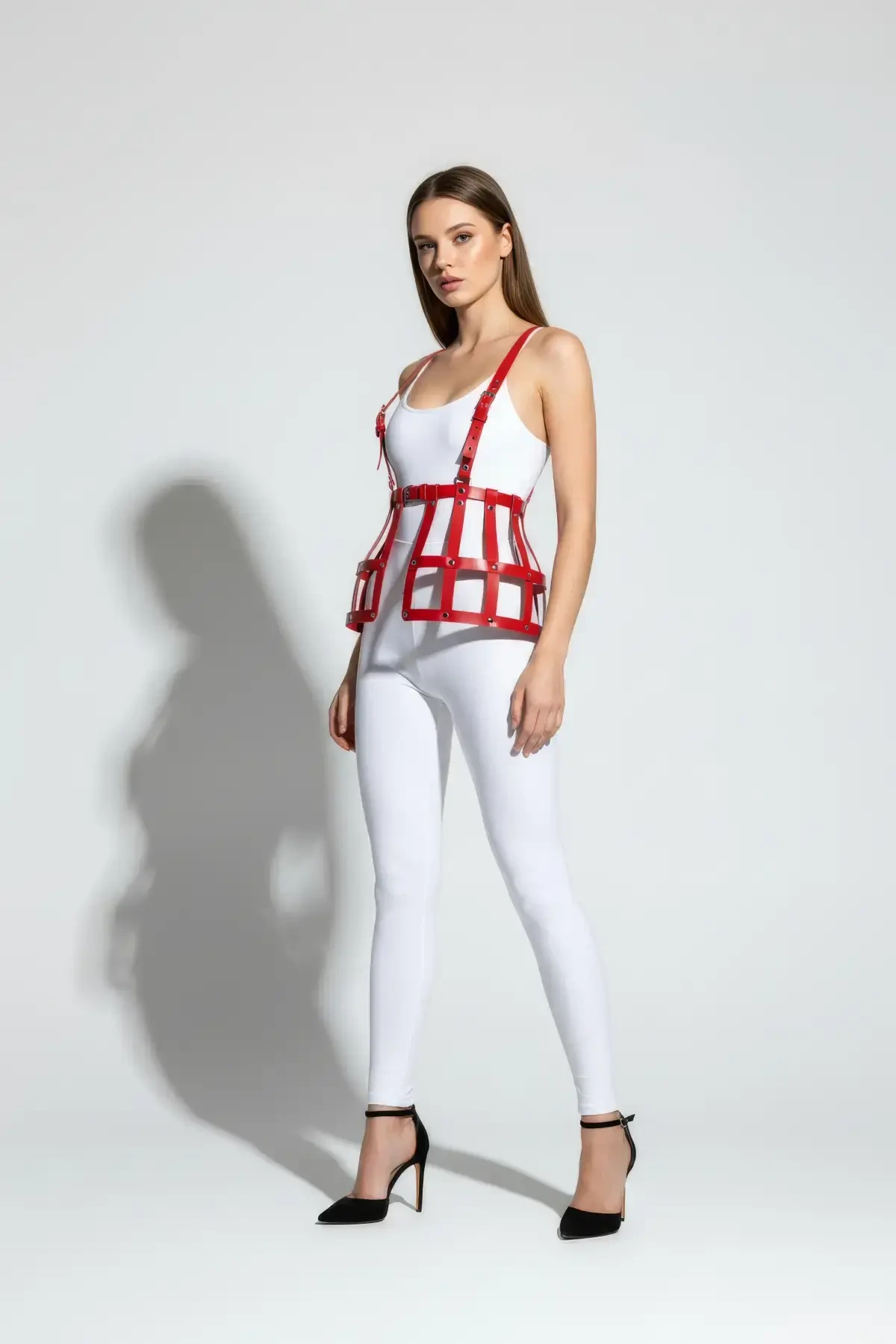 Red Skirt Leather Cage Detailed Skirt High Waist Skirt Corset - APFT983