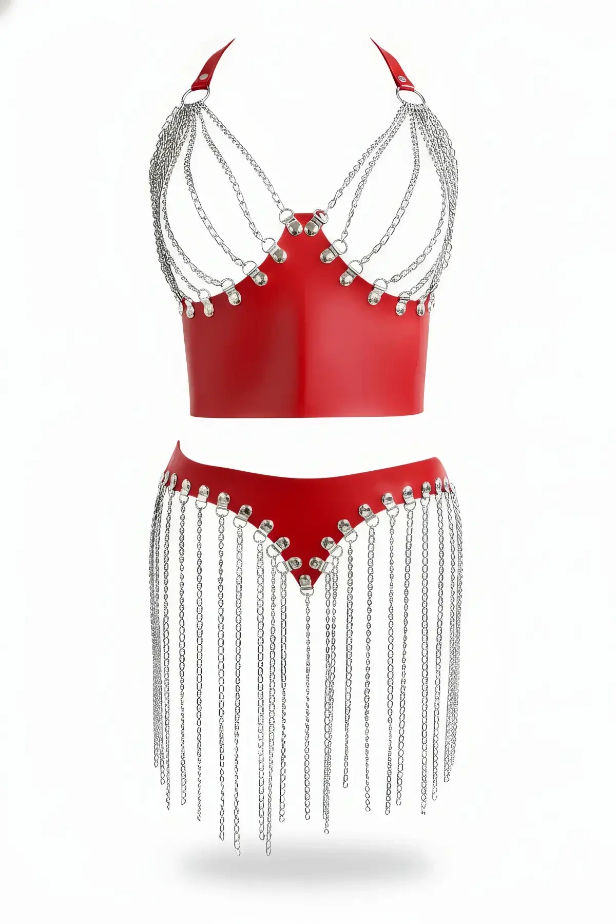 Red Skirt Shiny Leather Chain Fringed Mini Skirt - APFT994