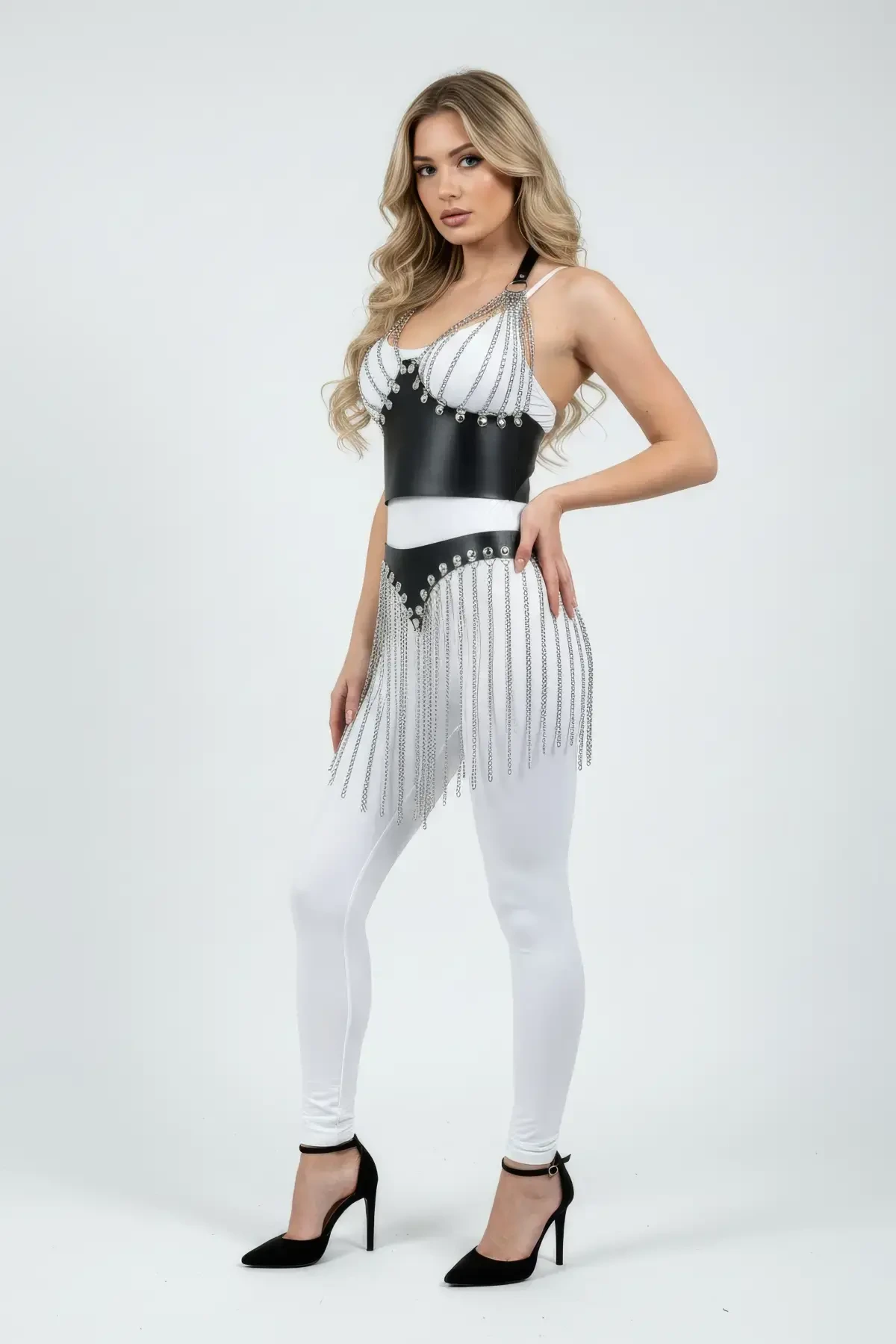 Black Skirt Leather Corset Type Chain Fringed - APFT994