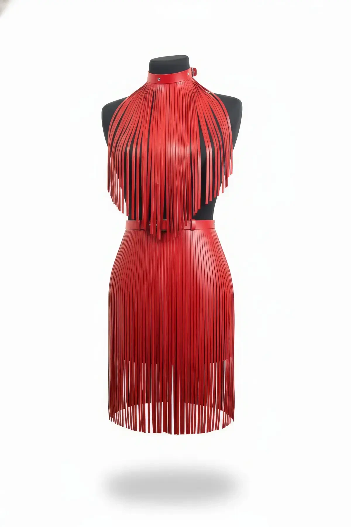 Red Skirt Leather Stripe Detailed Skirt High Waist Skirt Midi Length Leather Skirt - APFT997