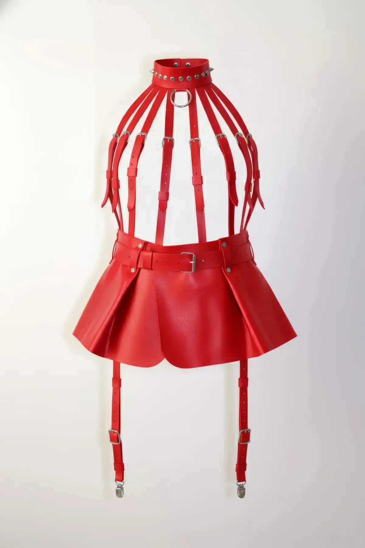 Red Skirt Faux Leather Skirt Buckle Detailed Skirt Flared Mini Skirt - APFT998