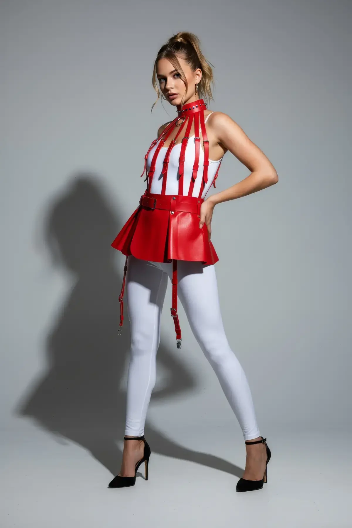 Red Skirt Faux Leather Skirt High Waist Skirt Flared Mini Skirt - APFT998