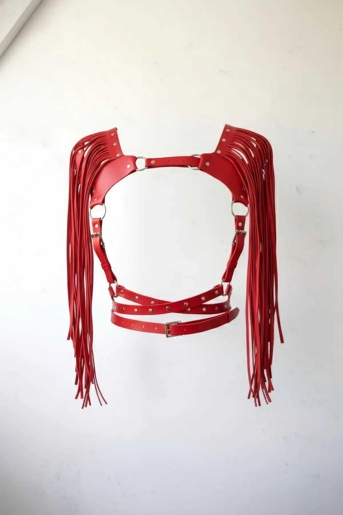 Red Chest Harness with Long Tassels and Staple Detail - APFT999