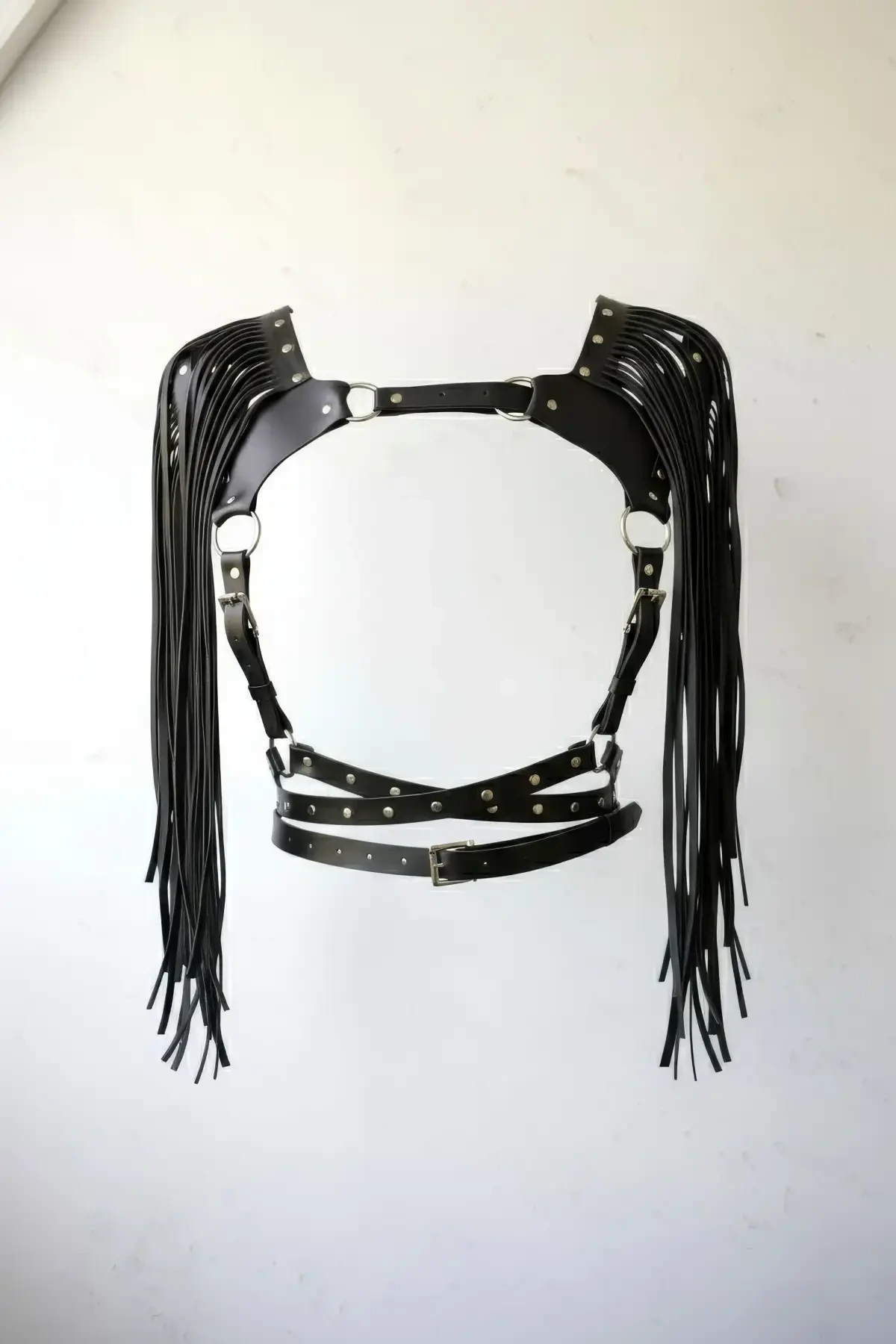 Black Chest Harness Shoulder Tassels Staple Detailed Leather - APFT999