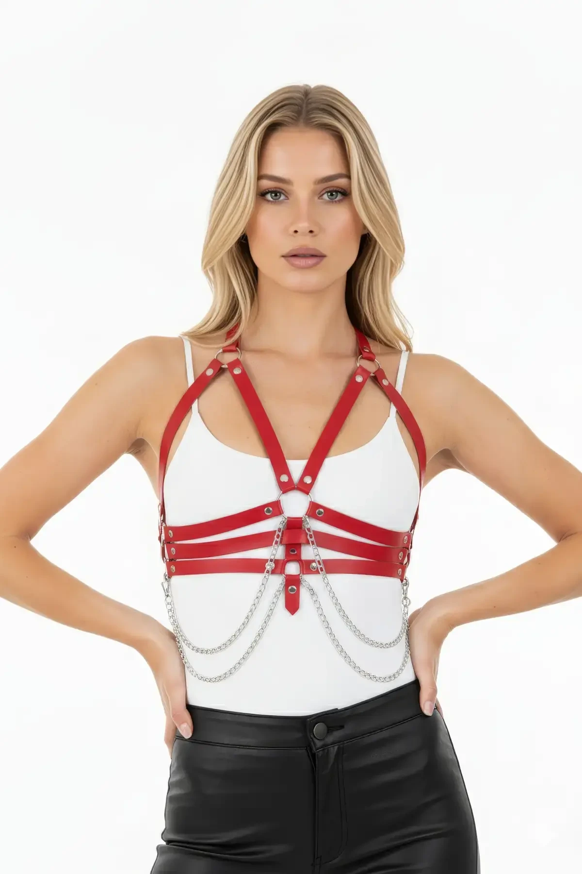 Kırmızı Kadın Kemer Suni Deri Çoklu Şeritli Vücut Aksesuarı - APFT9