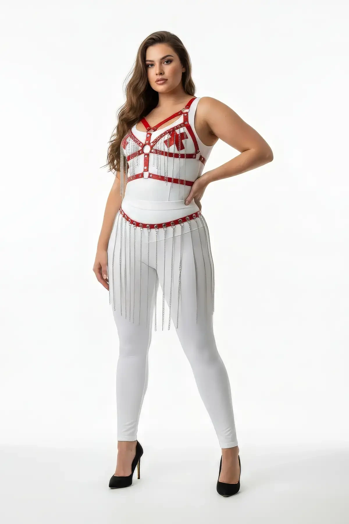 Plus Size White Skirt Leather Body Accessory with Chain Detail - APFT496