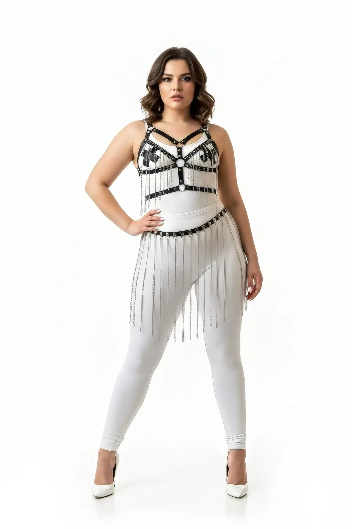 Plus Size Black Leather Skirt with Chain Detail Outfit Accessory - APFT496