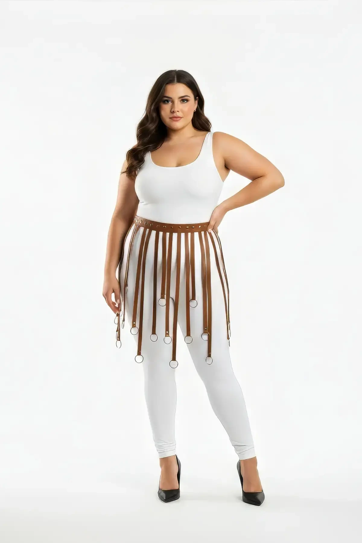 Plus Size Tan Leather Look Accessory Skirt with Hoop Detail - APFT579