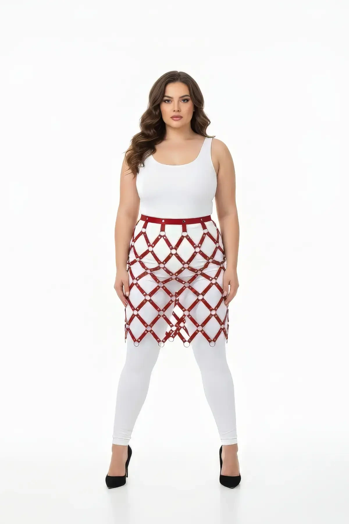 Plus Size Red Leather Skirt Cage Design Fancy Harness - APFT694
