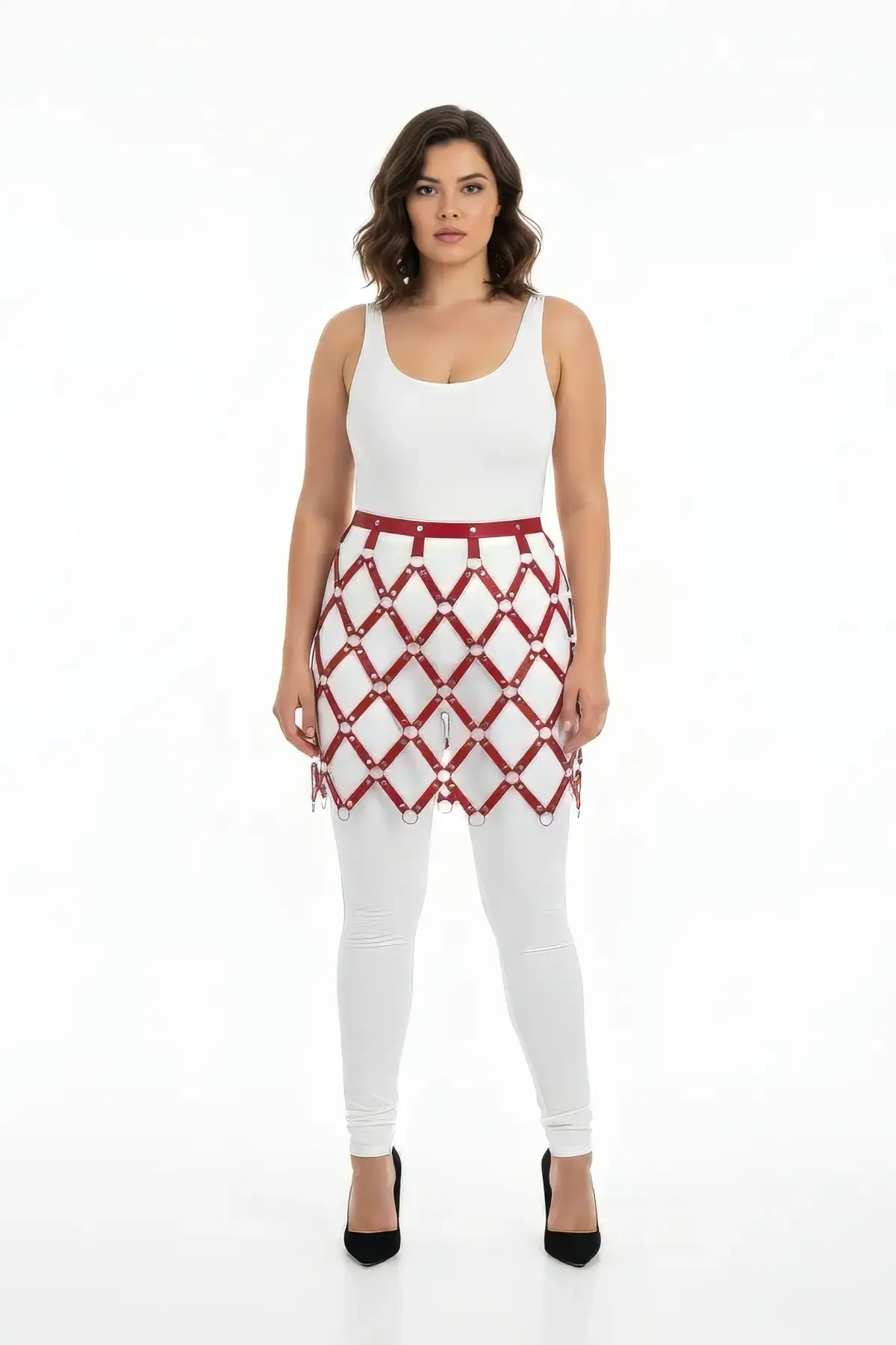 Plus Size Burgundy Leather Harness Skirt with Ring Detail and Mesh Pattern - APFT696