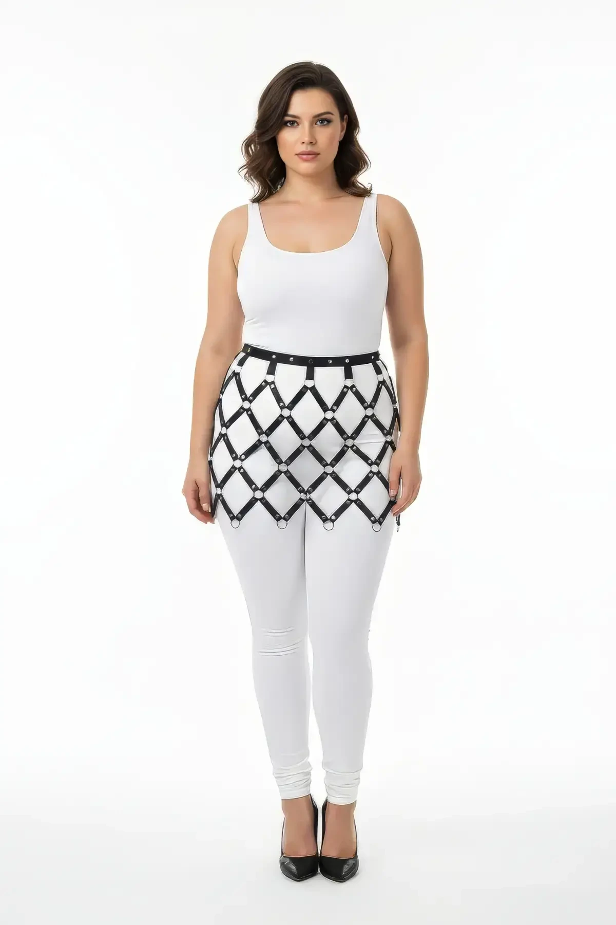 Plus Size Black Leather Skirt Ring Detailed Mesh Patterned Harness Accessory - APFT696