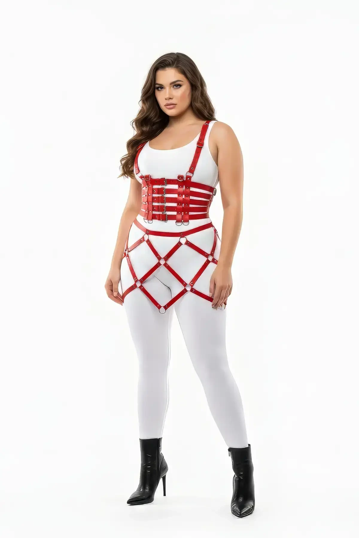 Plus Size Red Skirt Bustier Look Cage Design Leather Harness - APFT785