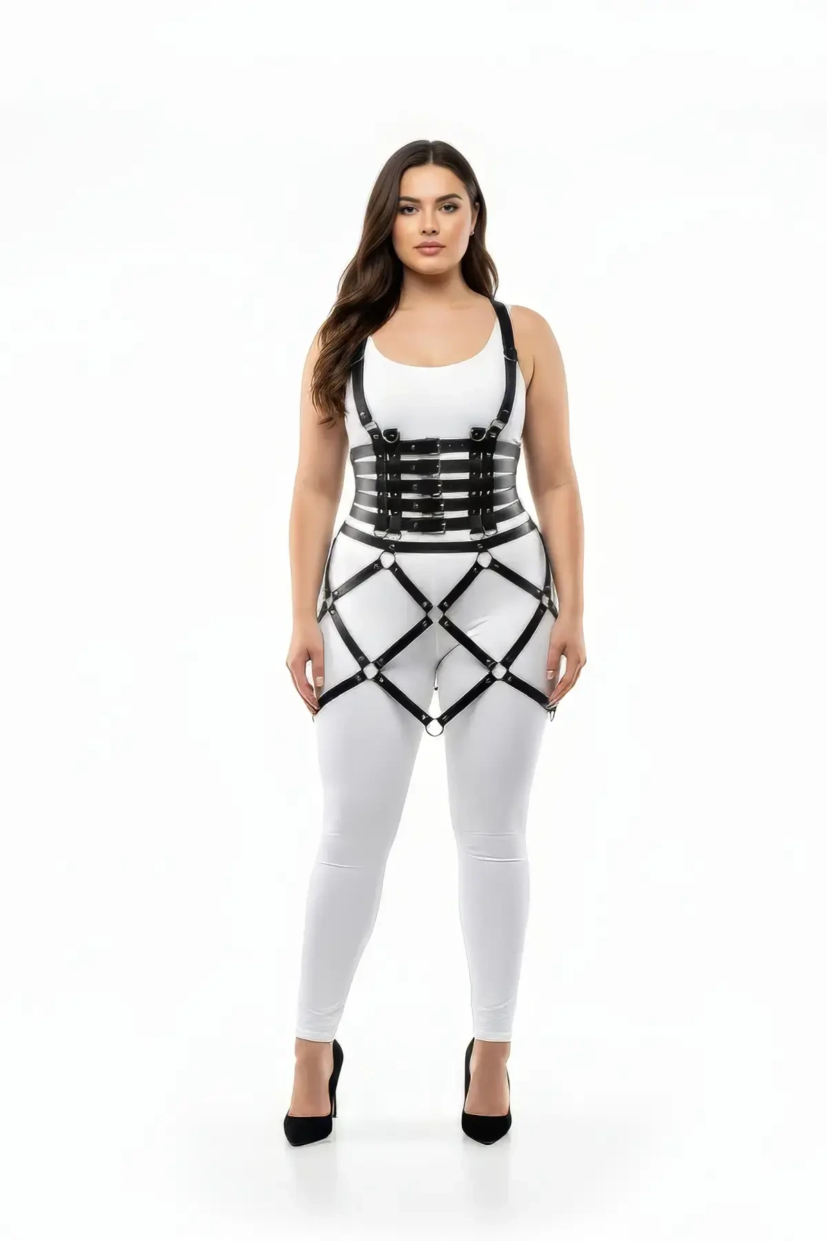 Plus Size Black Leather Skirt Harness Ring Detailed Fantasy Body Accessory - APFT785