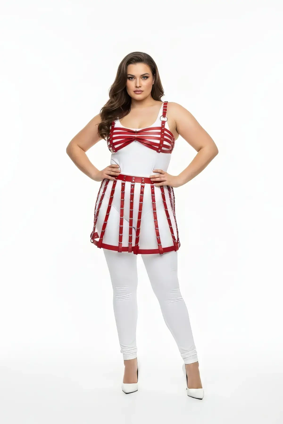 Plus Size Red Leather Skirt Style Harness Body Accessory - APFT899